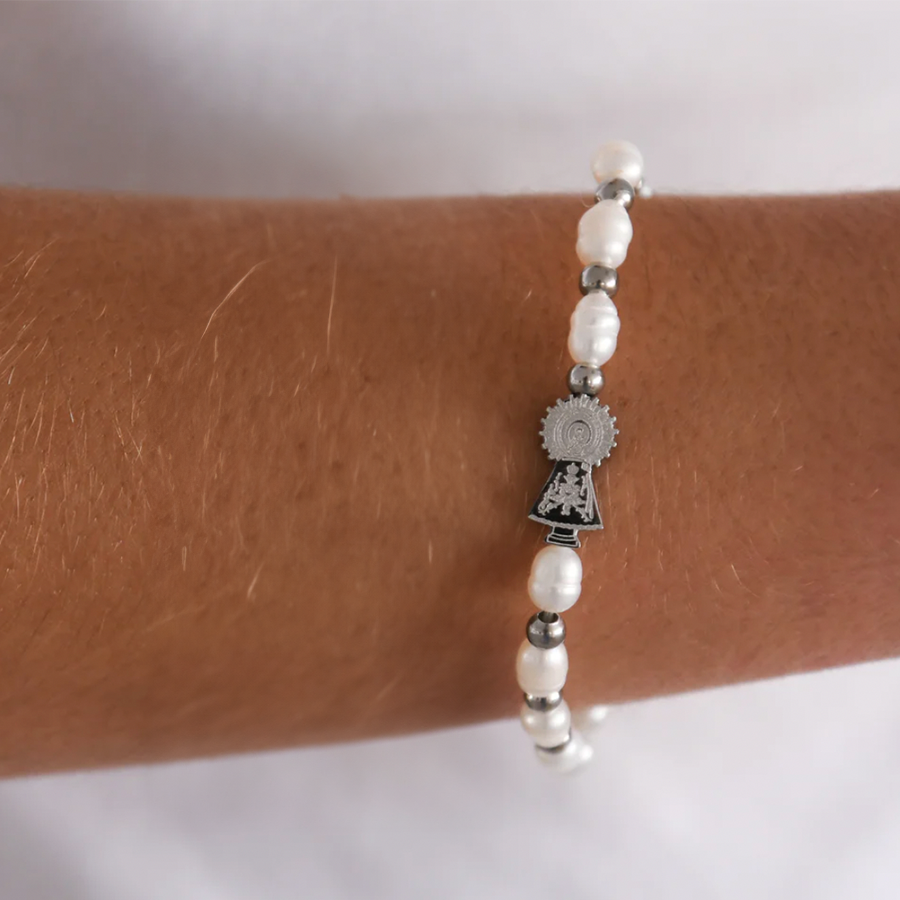Pulsera Virgen Del Pilar Perlas Plata - (Petra: Acero Quirúrgico Waterproof y Piedras)