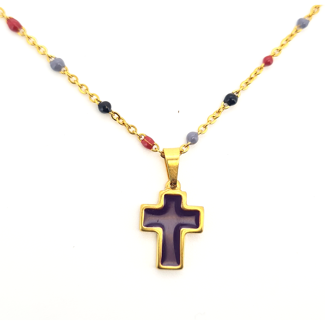 Collar Cruz Esmalte Morada - (Acero Quirúrgico Waterproof)