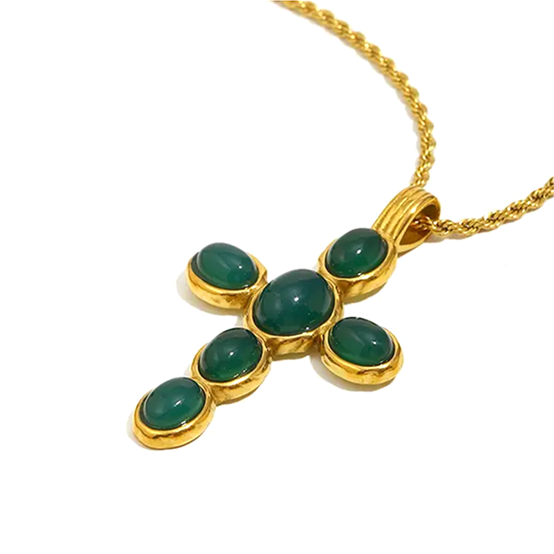 Collar Cruz Ilia Verde - (Acero Quirúrgico Waterproof)