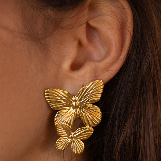 Pendientes Doble Mariposa Oro - (Acero Quirúrgico Waterproof) - Mimiló