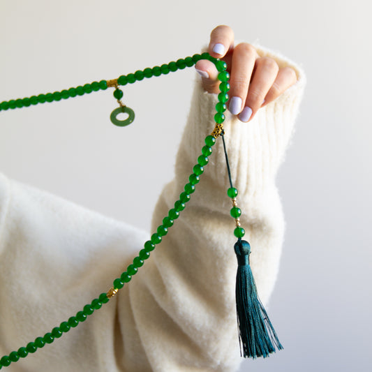 Collar Largo Borla Verde Botella - (Petra: Acero Quirúrgico Waterproof y Piedras de Cristal) - Mimiló