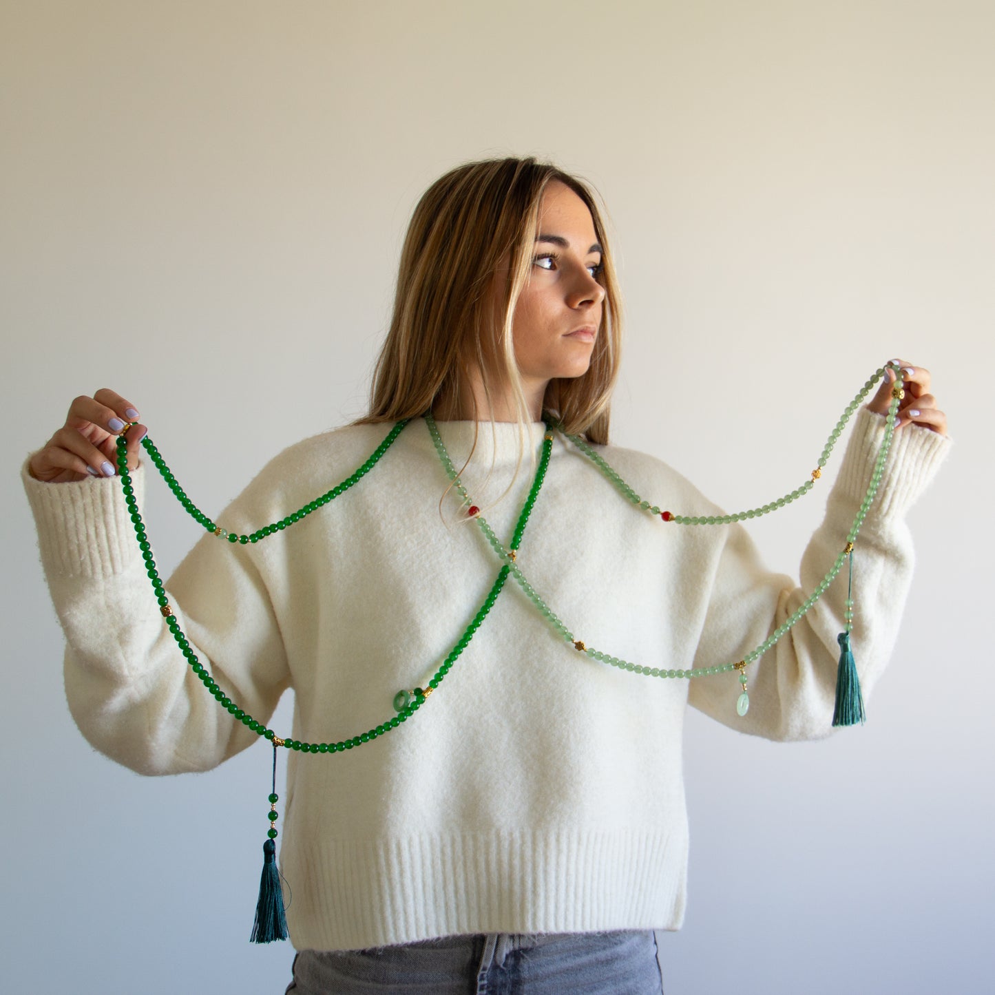 Collar Largo Borla Verde Botella - (Petra: Acero Quirúrgico Waterproof y Piedras de Cristal) - Mimiló