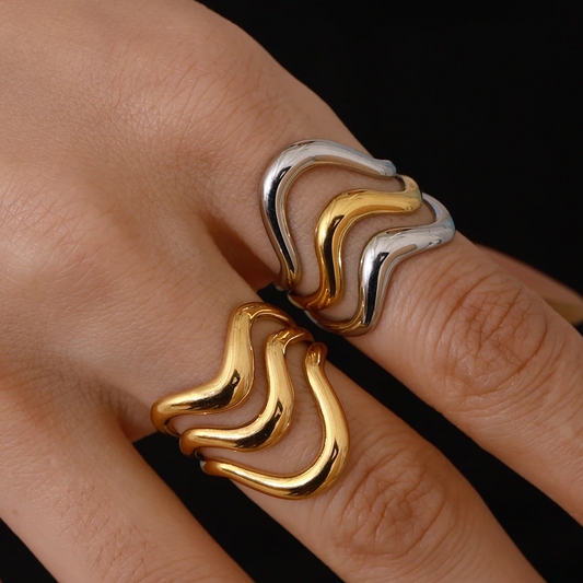 Anillo Olas Bicolor - (Acero Quirúrgico Waterproof)