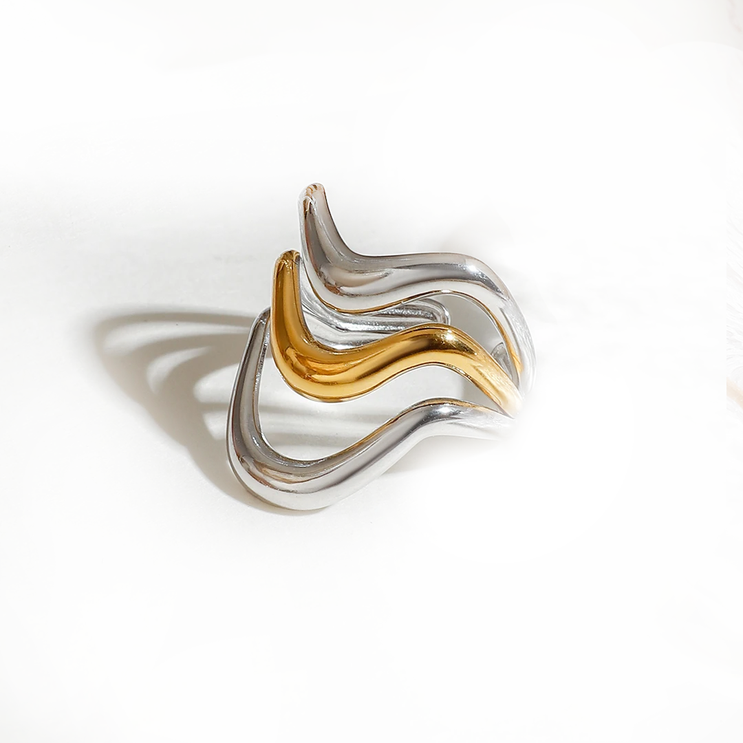 Anillo Olas Bicolor - (Acero Quirúrgico Waterproof)