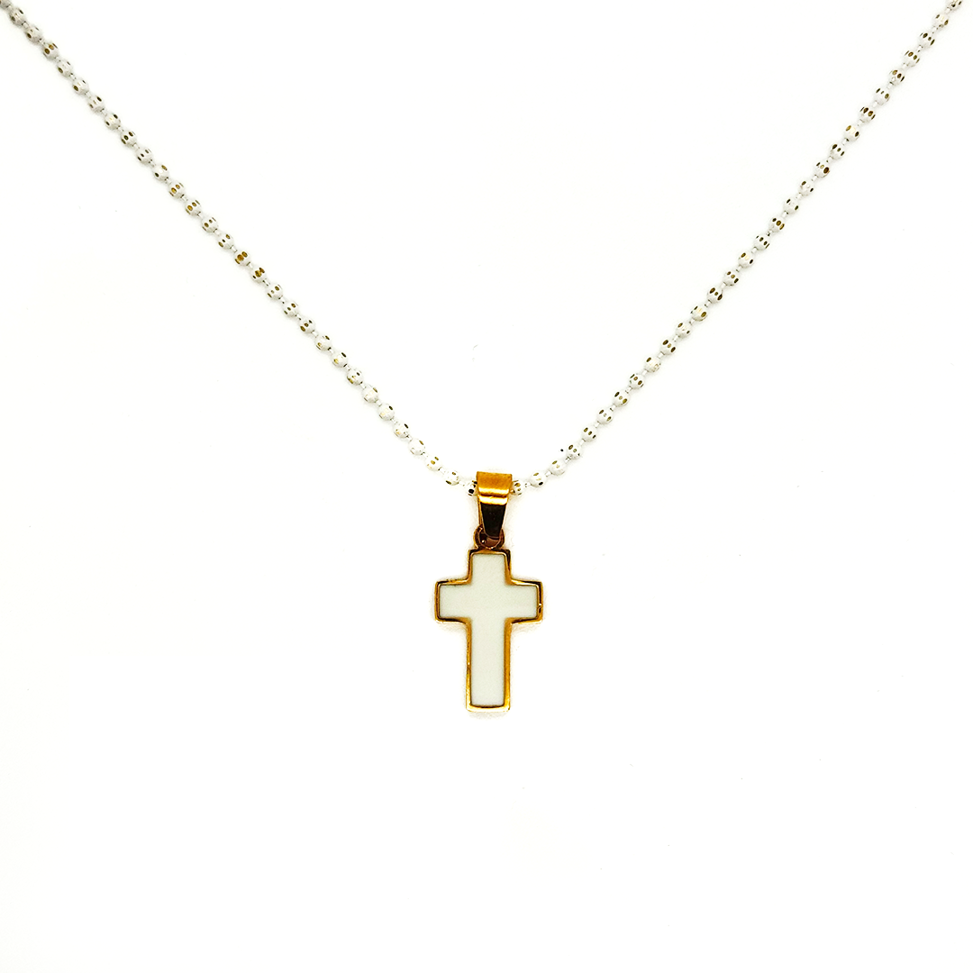 Collar Cruz Esmalte Blanca - (Acero Quirúrgico Waterproof)