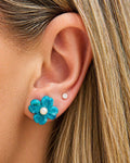 Pendientes Flor Pequeña Piedra Natural Azul 14MM - (Plata de Ley 925)
