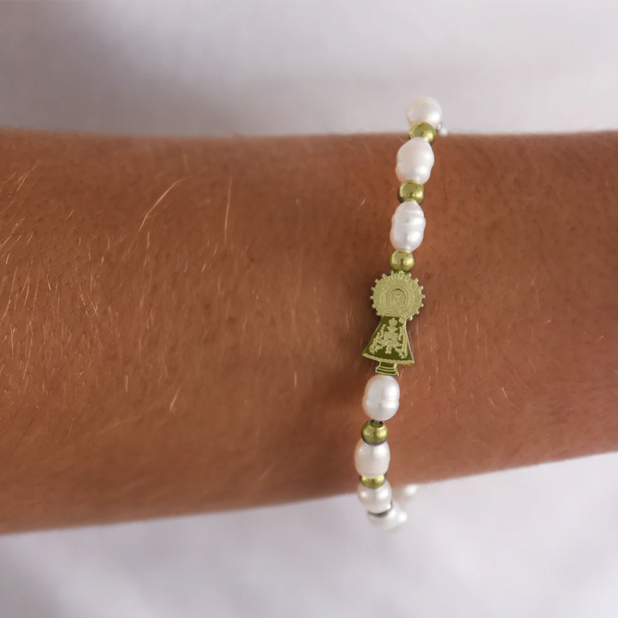 Pulsera Virgen Del Pilar Perlas Oro - (Petra: Acero Quirúrgico Waterproof y Piedras) - Mimiló