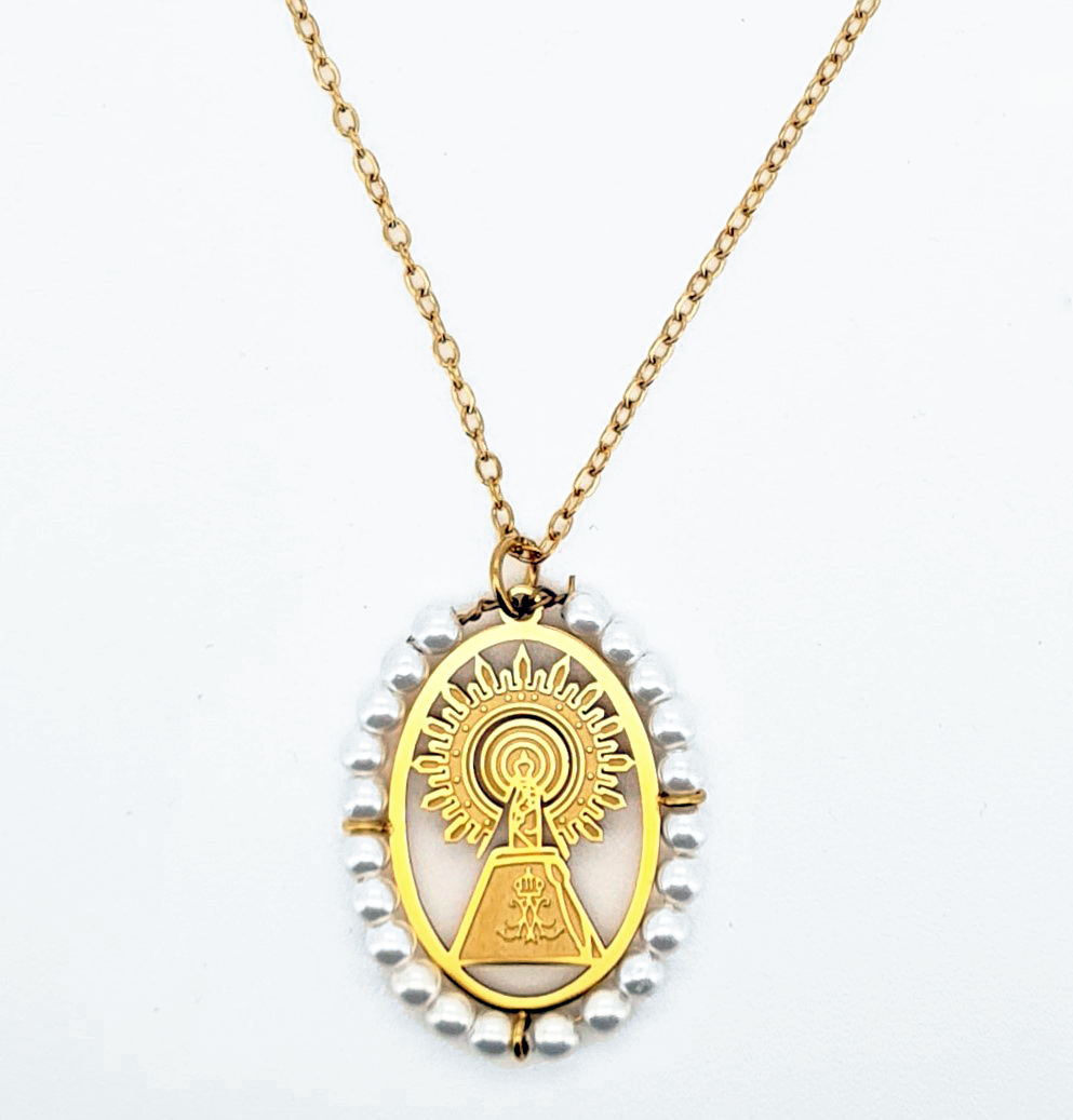 Collar Medalla Virgen Del Pilar Perla - (Acero Quirúrgico Waterproof) - Mimiló