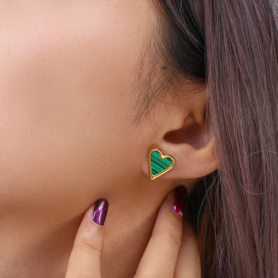 Pendientes Corazón Malaquita - (Plata de Ley 925)