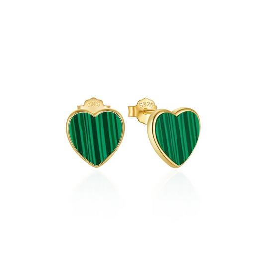 Pendientes Corazón Malaquita - (Plata de Ley 925)