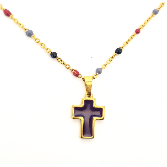 Collar Cruz Esmalte Morada - (Acero Quirúrgico Waterproof)