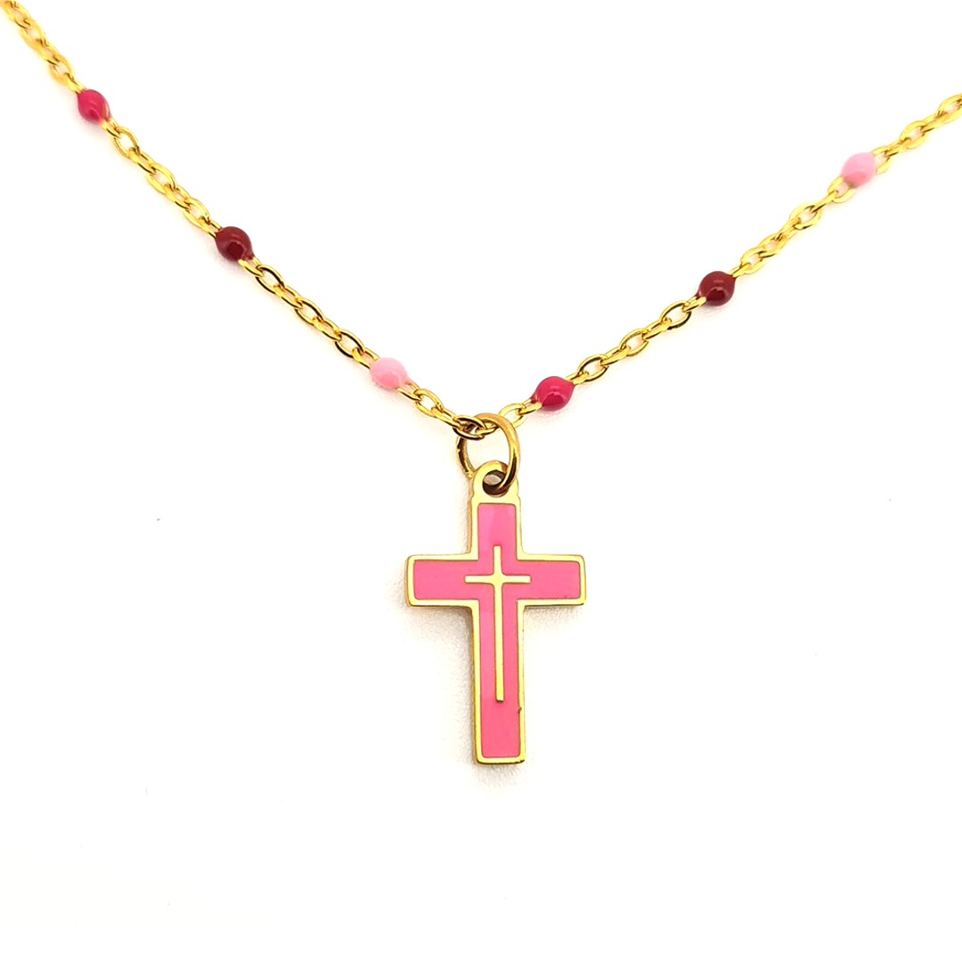 Collar Cruz Esmaltada Rosa - (Acero Quirúrgico Waterproof)