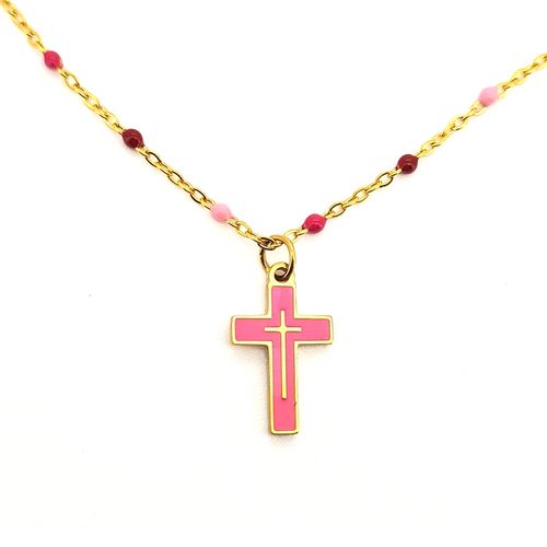 Collar Cruz Esmaltada Rosa - (Acero Quirúrgico Waterproof) - Mimiló