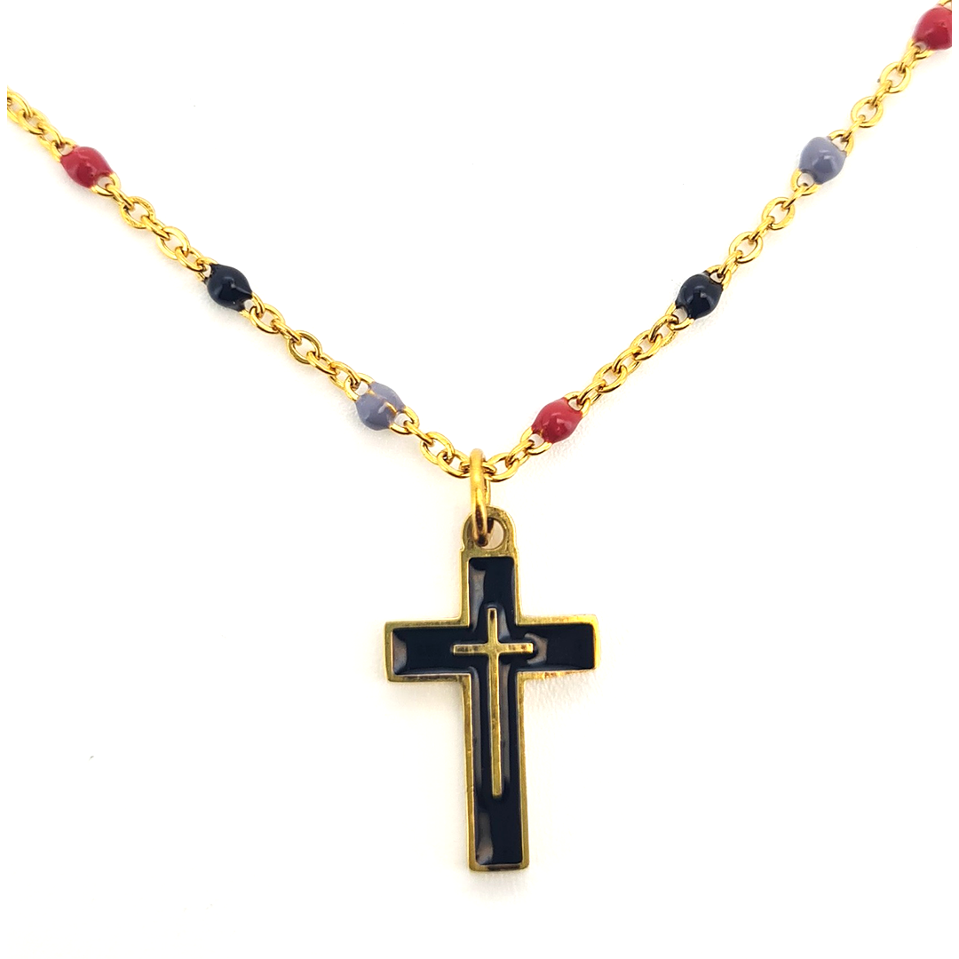 Collar Cruz Esmaltada Negra - (Acero Quirúrgico Waterproof)
