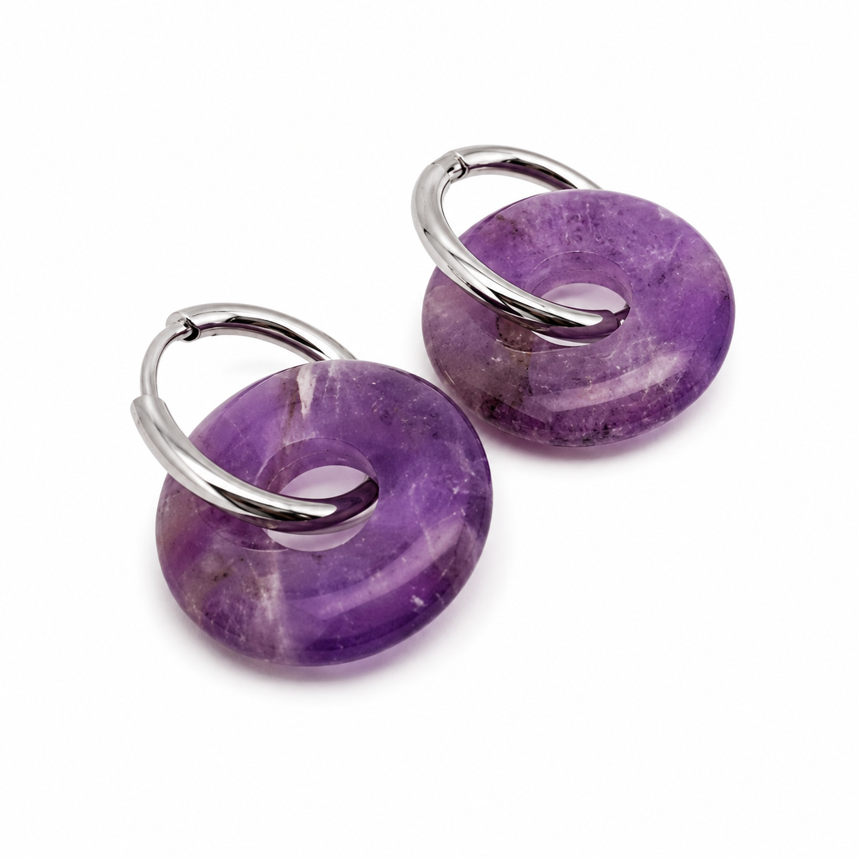 Pendientes Chimo Piedra Natural Aro Plateado Amatista - (Acero Quirúrgico Waterproof)