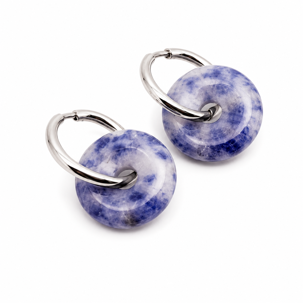Pendientes Chimo Piedra Natural Aro Plateado Sodalite - (Acero Quirúrgico Waterproof)