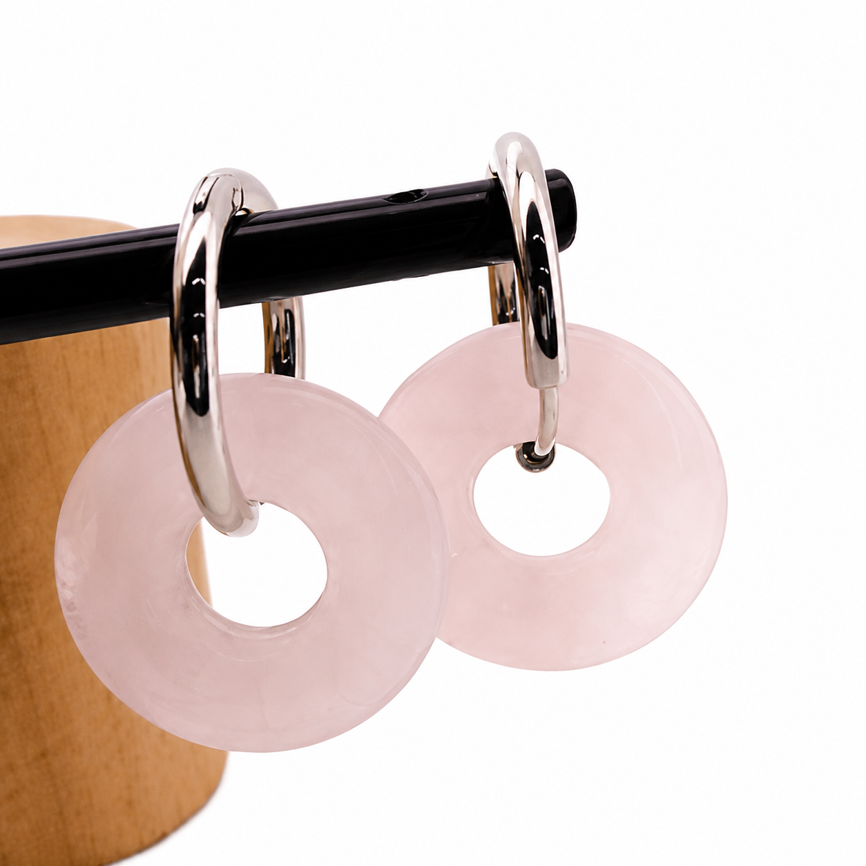 Pendientes Piedra Natural Aro Plateado Turmalina Rosa - (Acero Quirúrgico Waterproof)
