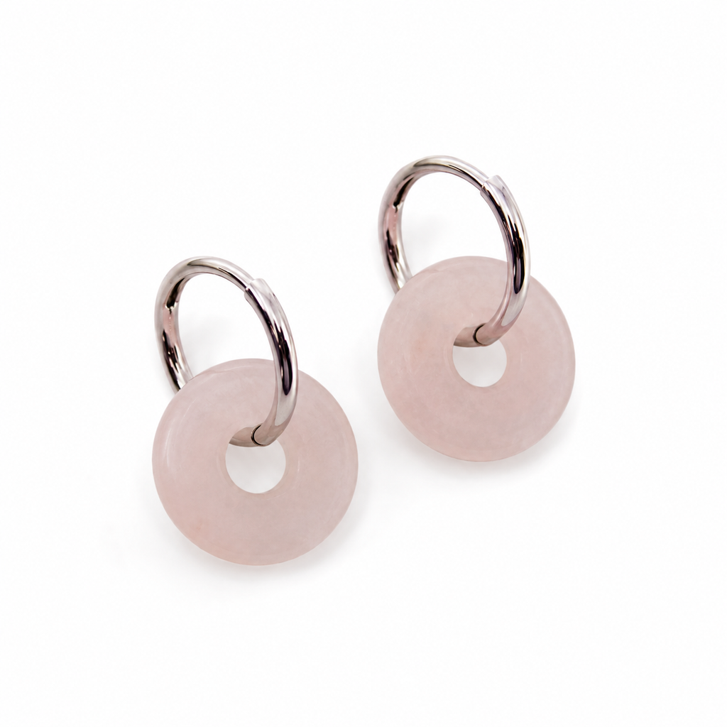 Pendientes Piedra Natural Aro Plateado Turmalina Rosa - (Acero Quirúrgico Waterproof)