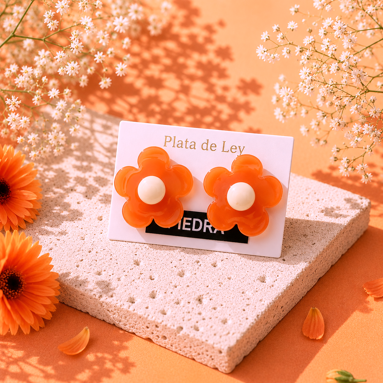Flor Piedra Natural Naranja 18MM - (Plata de Ley 925)