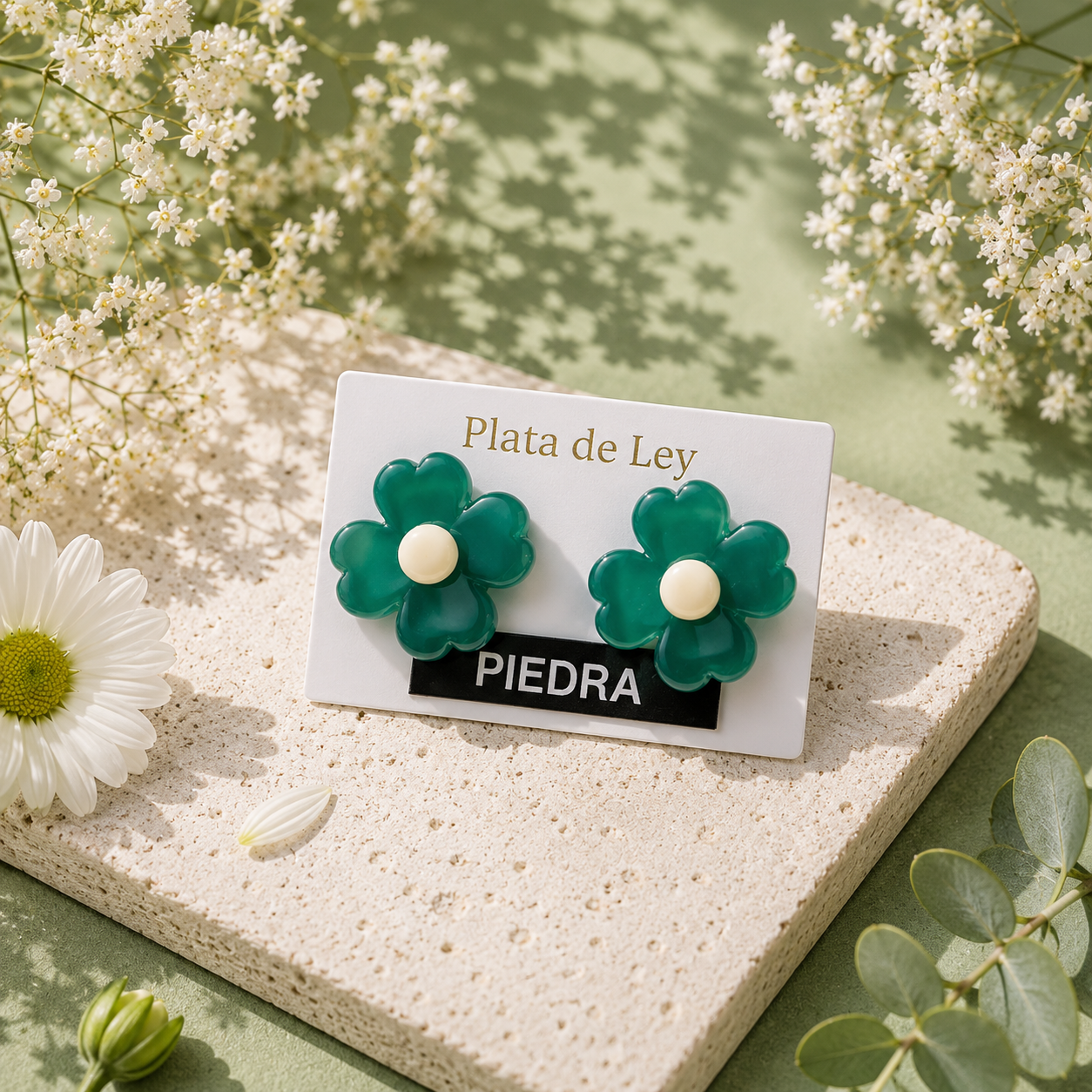 Flor Pequeña Piedra Natural Verde 14MM - (Plata de Ley 925)