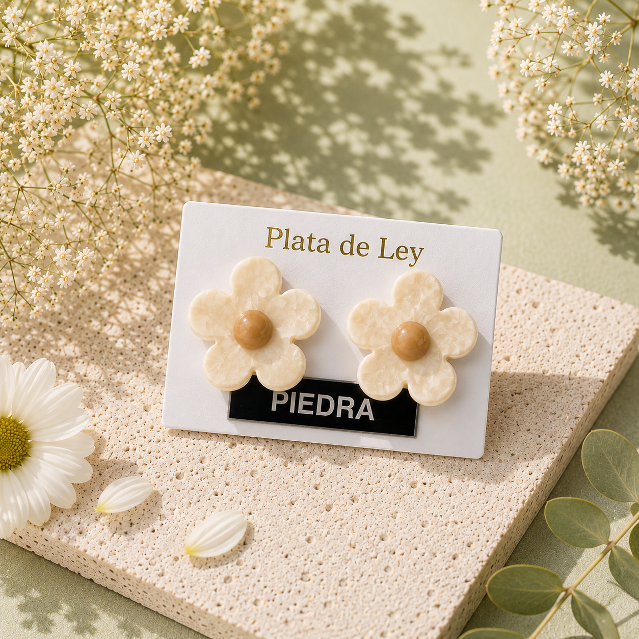 Flor Pequeña Piedra Natural Blanca 14MM - (Plata de Ley 925)