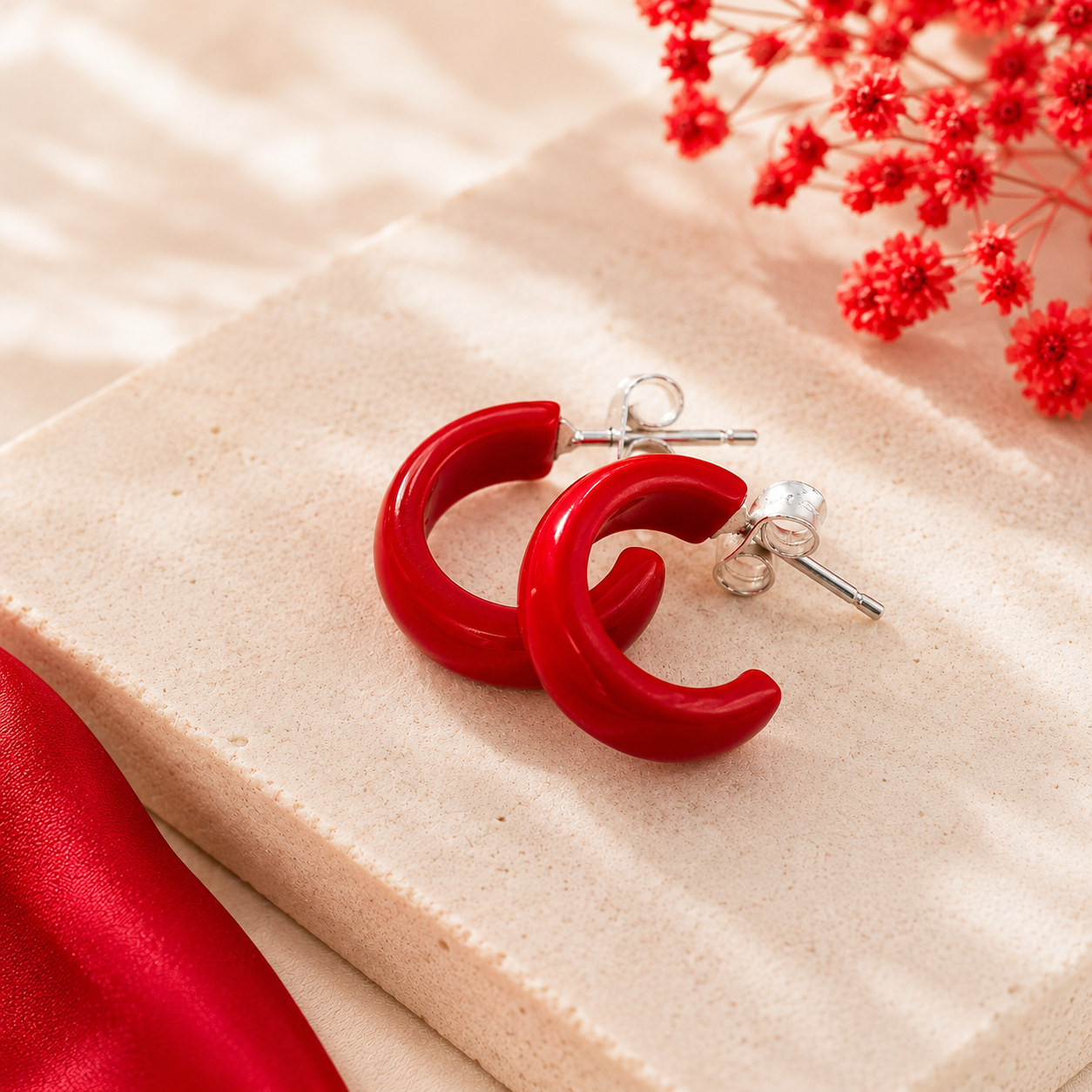 Aros Piedra Natural Coral - (Plata de Ley 925) - Mimiló