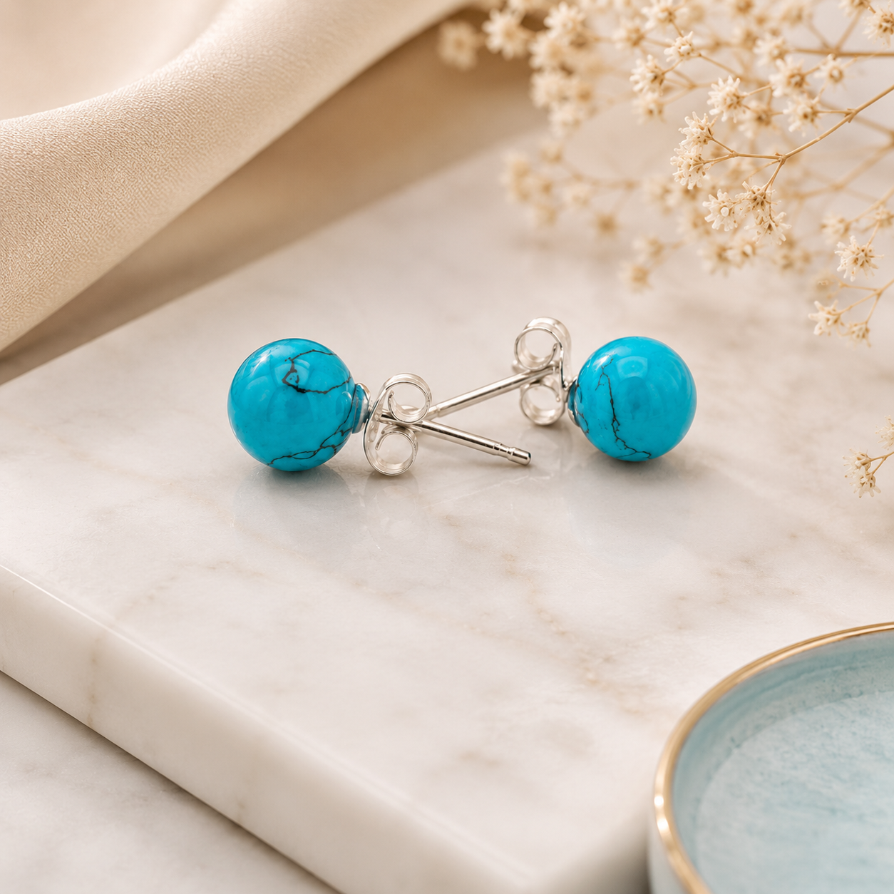 Pendientes Bola de Piedra Natural Turquesa - (Plata de Ley 925)