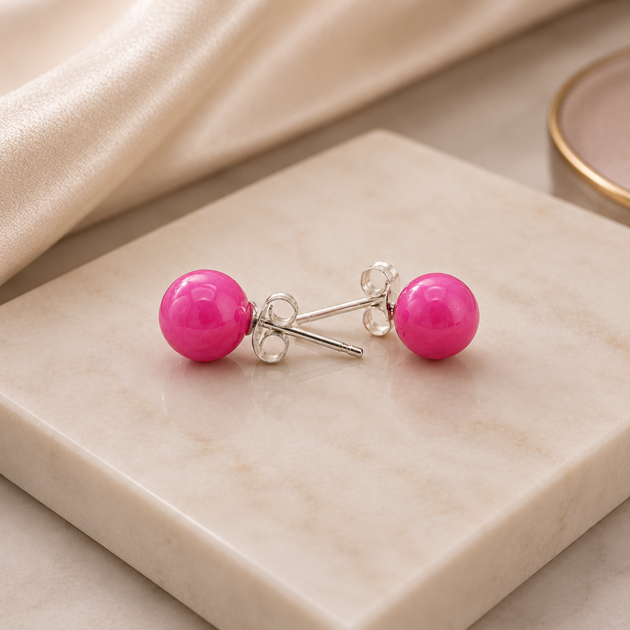 Pendientes Bola de Piedra Natural Calcita Rosa - (Plata de Ley 925)