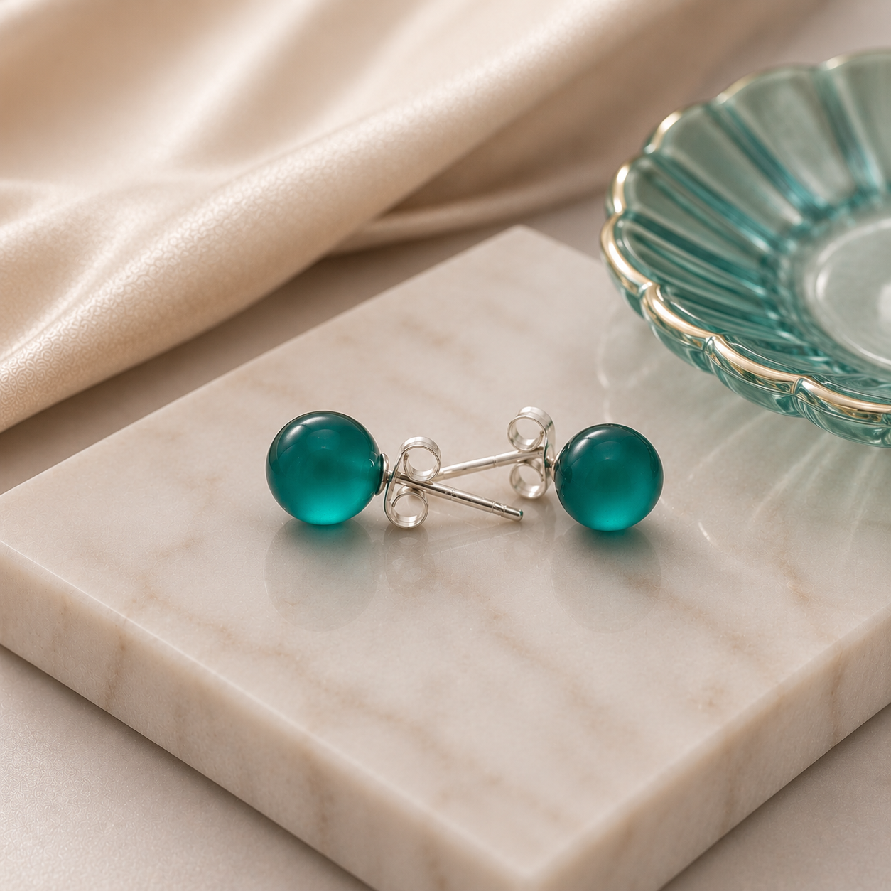 Pendientes Bola de Cristal Matizado Verde - (Plata de Ley 925)