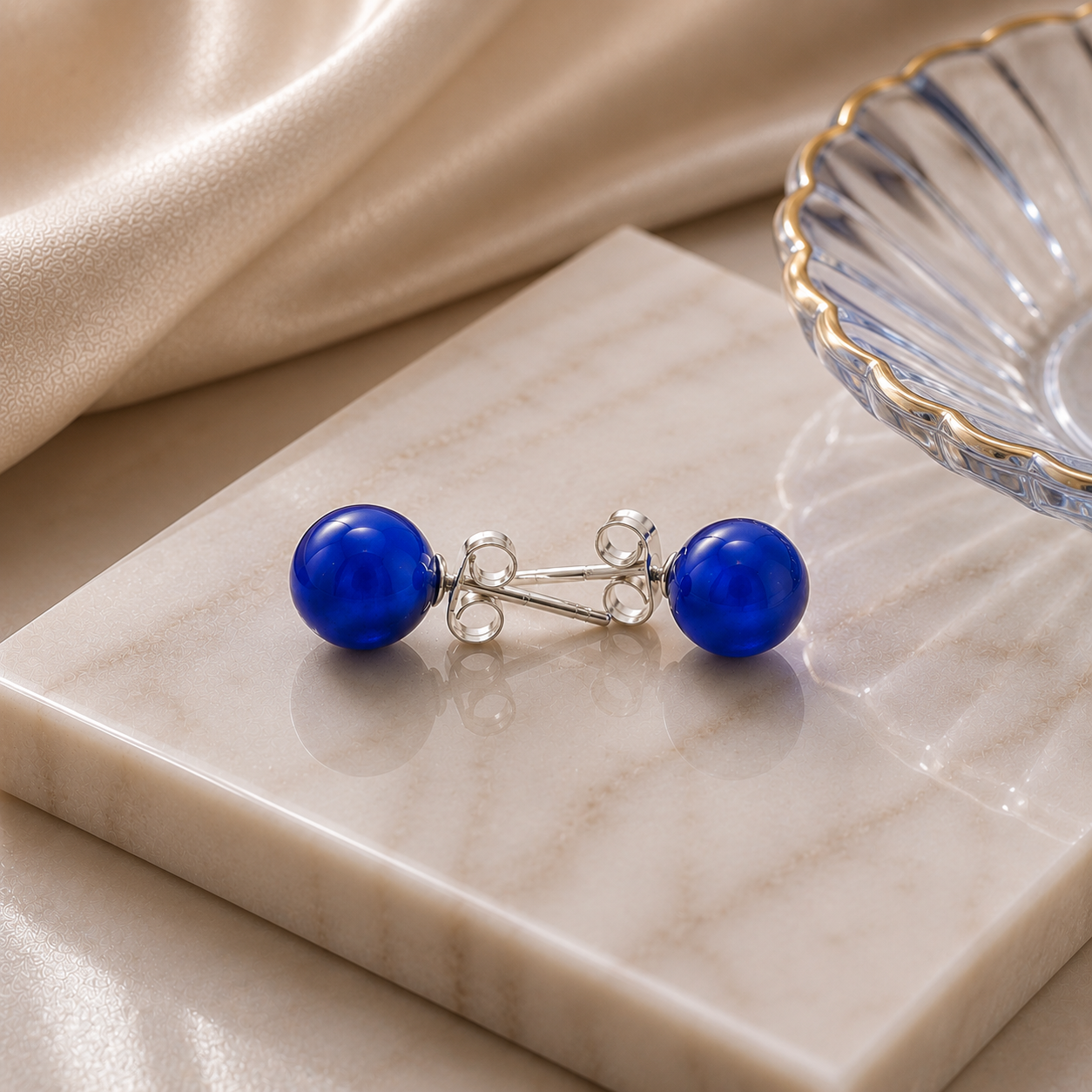 Pendientes Bola de Cristal Matizado Azul - (Plata de Ley 925)