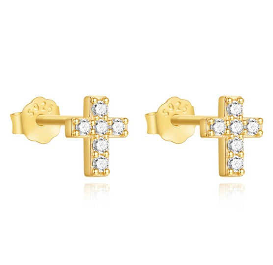 Pendientes Mini Cruz Oro - (Plata de Ley 925)