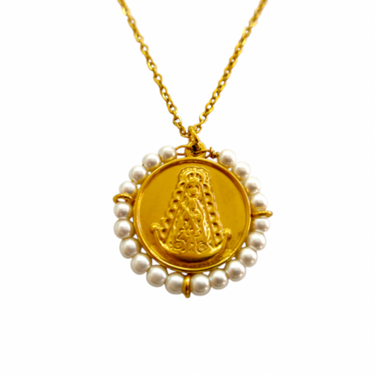 Medalla Virgen del Rocío Perlas - (Acero Quirúrgico Waterproof)