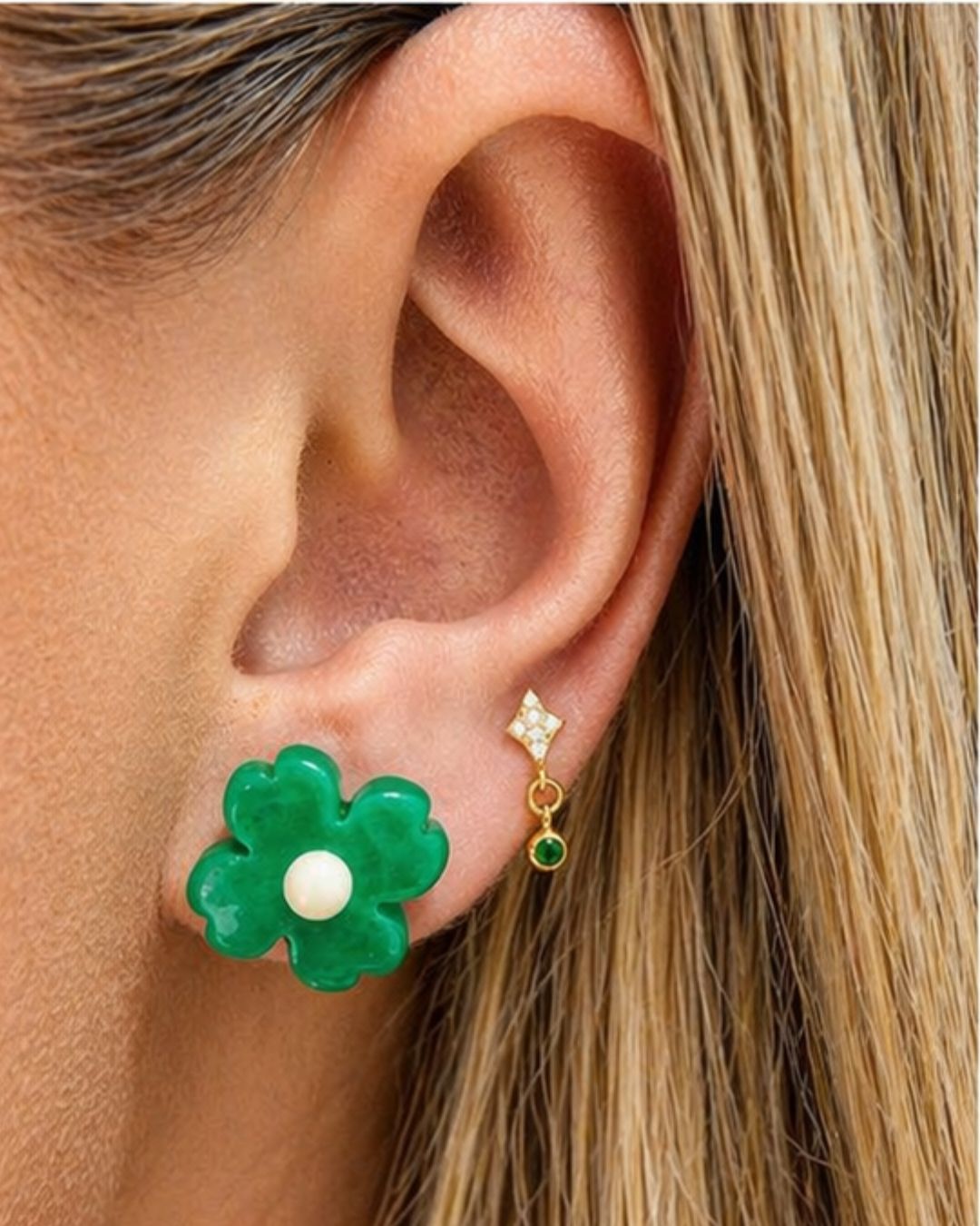 Flor Pequeña Piedra Natural Verde 14MM - (Plata de Ley 925)