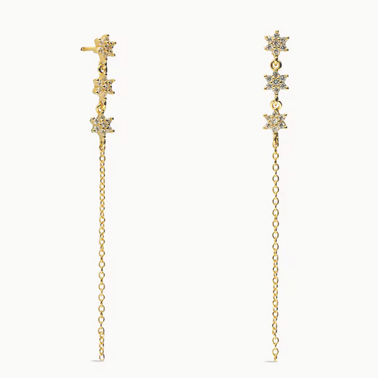 Pendientes Cadena Triple Estrella Oro - (Plata de Ley 925) - Mimiló
