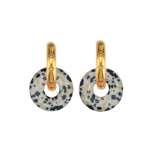 Pendientes Chimo Jaspe Dálmata Aro Gordo - (Petra: Acero Quirúrgico Waterproof y Piedras)