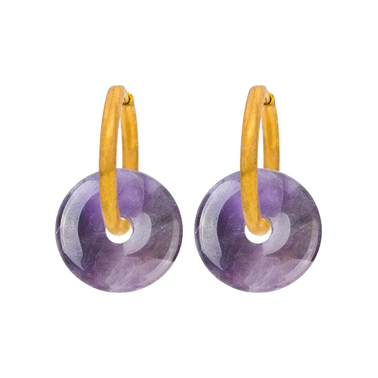 Pendientes Chimo Aro Liso Amatista -  (Petra: Acero Quirúrgico Waterproof y Piedras)