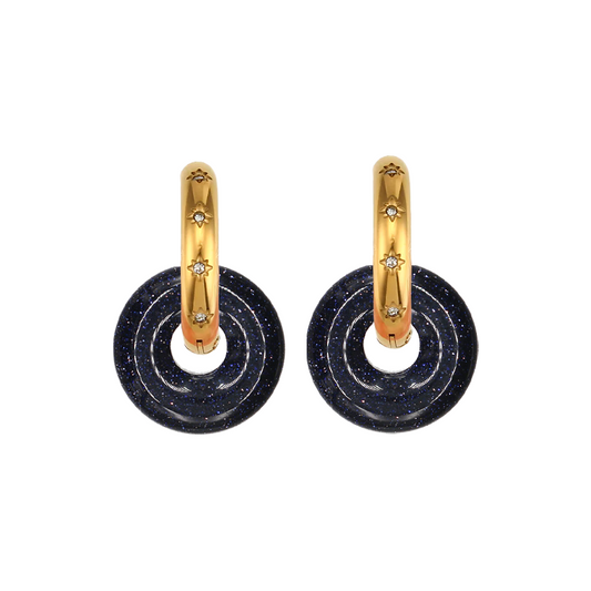 Pendientes Chimo Gold Stone Azul Aro Gordo - (Petra: Acero Quirúrgico Waterproof y Piedras)