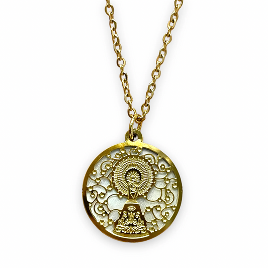 Medalla Virgen Del Pilar Nácar (pequeña) - (Acero Quirúrgico Waterproof)