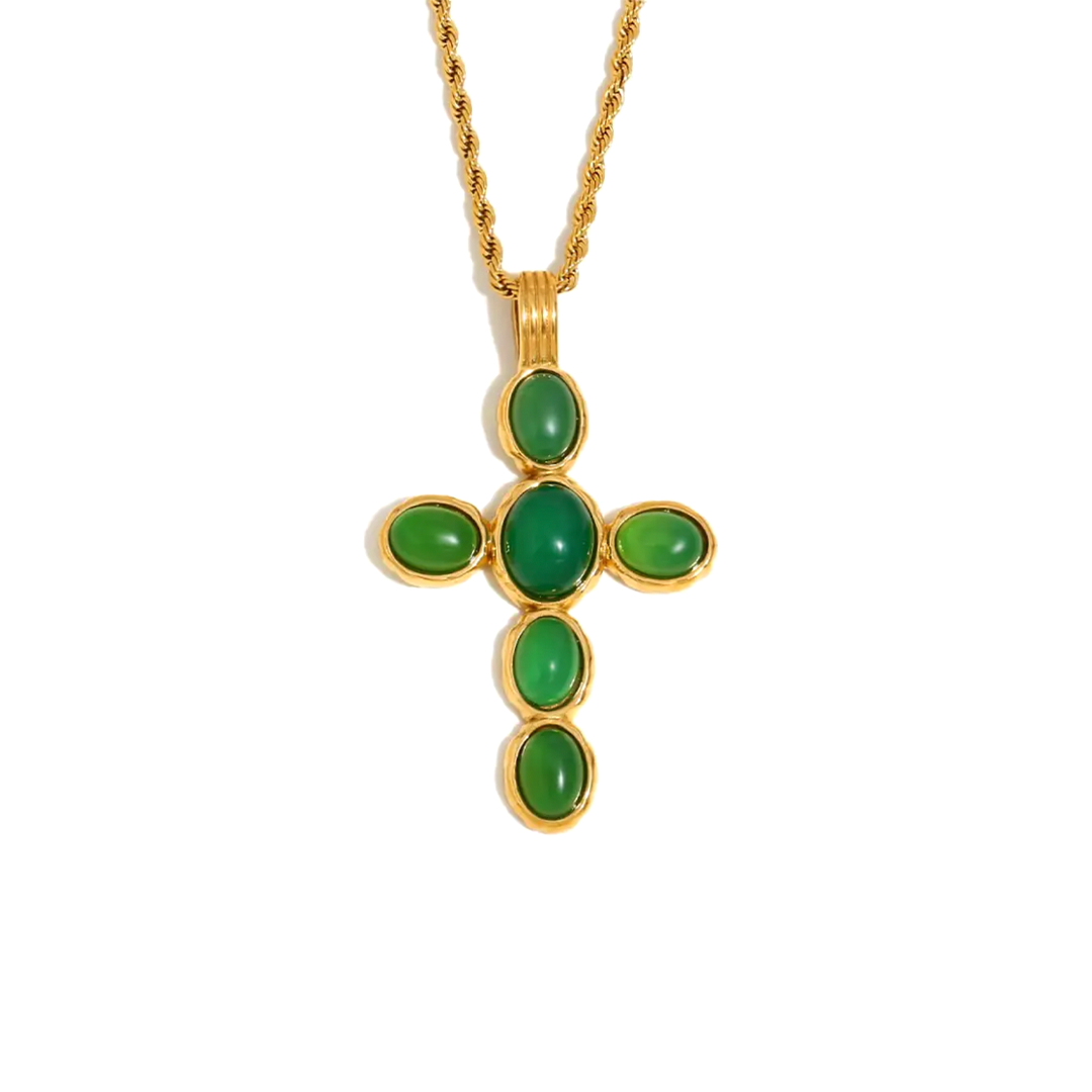 Collar Cruz Ilia Verde - (Acero Quirúrgico Waterproof)