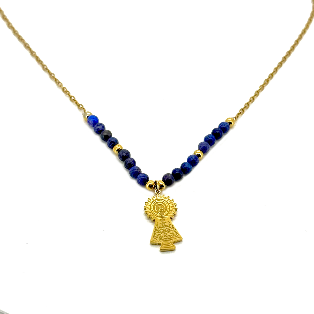 Collar Virgen Del Pilar Lapislázuli - (Acero Quirúrgico Waterproof)