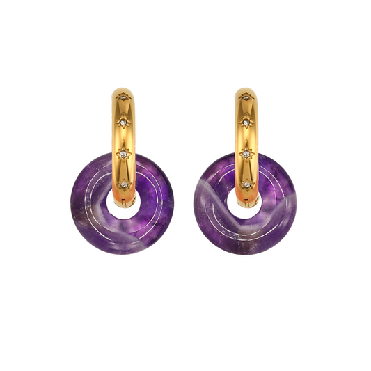 Pendientes Chimo Amatista - (Petra: Acero Quirúrgico Waterproof y Piedras)