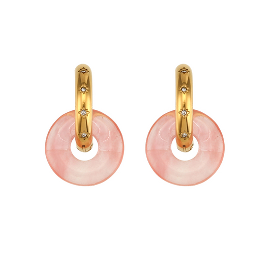 Pendientes Chimo Cuarzo Rosa - (Petra: Acero Quirúrgico Waterproof y Piedras)