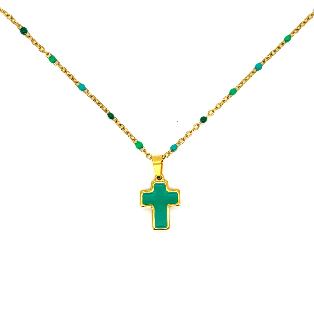 Collar Cruz Verde - (Acero Quirúrgico Waterproof)