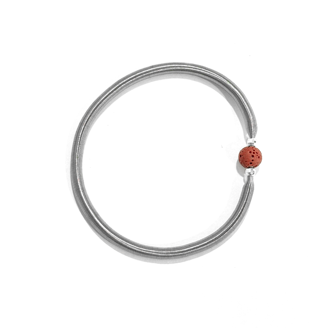 Pulsera Dominó Con Plata Y Bola De Lava Roja 6mm - Acero Quirúrgico - Mimiló